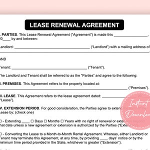 Lease Renewal Agreement | Lease Extension Contract | Editable Microsoft Word | Instant Download | A4