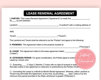 Lease Renewal Agreement | Lease Extension Contract | Editable Microsoft Word | Instant Download | A4