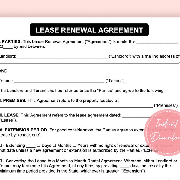 Lease Renewal Agreement | Lease Extension Contract | Editable Microsoft Word | Instant Download | A4