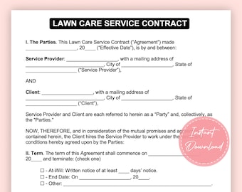 Lawn Care Service Contract | Garden care agreement | Editable Microsoft Word | Instant Download | A4