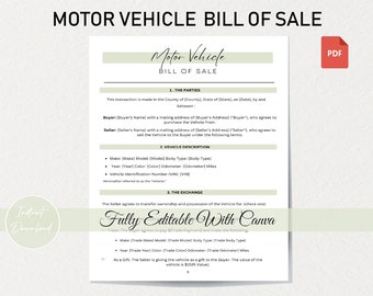 Modèle de facture de vente de véhicule automobile approuvé par le DMV | Formulaire de vente de voiture privée | Contrat juridique | Protection du vendeur | Imprimable et modifiable