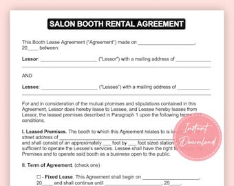 Contrat de location de salon | Contrat de location de salon de coiffure | Location de kiosque de salon de coiffure Contact | | Microsoft Word modifiables Téléchargement instantané
