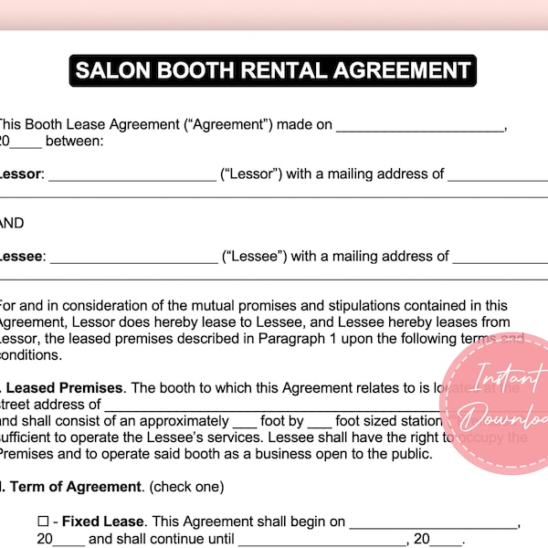 Salon Booth Rental Agreement | Hair Salon Rental Agreement | Barber Shop Booth Rental Contact | Editable Microsoft Word | Instant Download