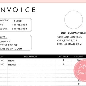 May include: Black and white invoice template with the text "INVOICE" at the top. The invoice includes fields for invoice number, date, due date, bill to, company, city, state, zip, email, quantity, description, unit price, and amount. The invoice has a circle at the top right corner and a circle at the bottom right corner with the text "Instant Download".