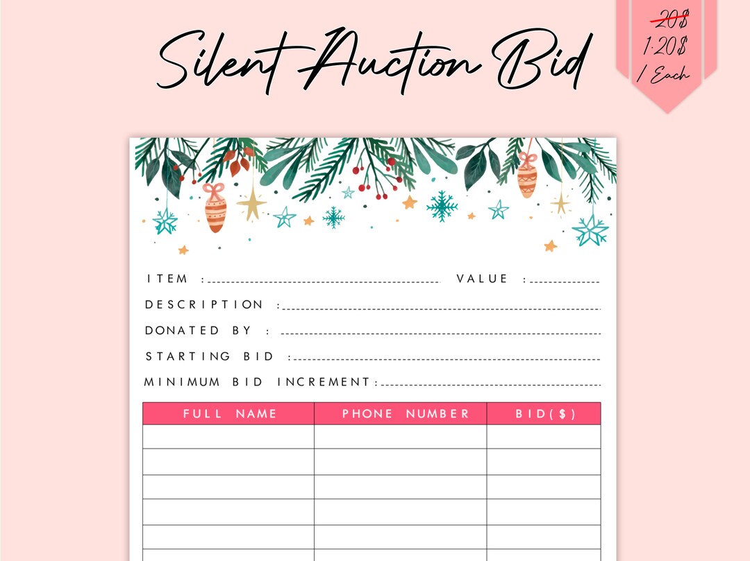 Editable Christmas Silent Auction Bid Sheet Fundraiser Event Christmas Silent Auction Ideas