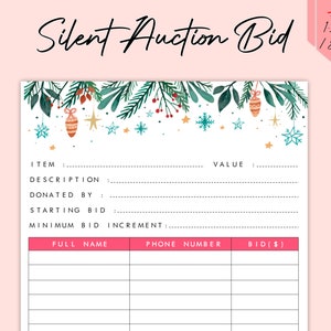 Editable Christmas Silent Auction Bid Sheet | Fundraiser Event | Christmas Silent Auction Ideas | Holiday Theme| Instant Download |US Letter