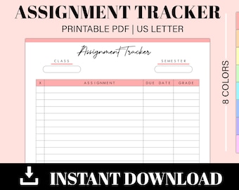 Assignment Tracker Printable - Assignment Log - Homework Planner - Student Planner - Instant Download | US Letter