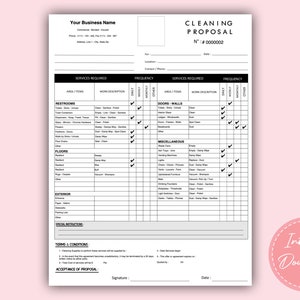 May include: Black and white cleaning proposal form with checkboxes for different cleaning services. The form includes sections for restrooms, doors and walls, miscellaneous, floors, and exterior. The form also includes a section for terms and conditions and acceptance of proposal.