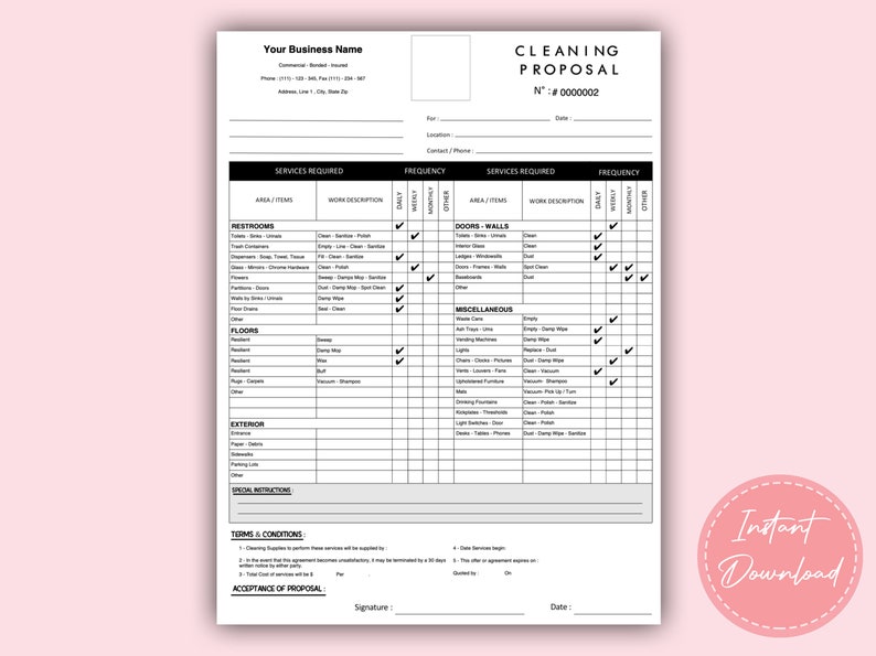 May include: Black and white cleaning proposal form with checkboxes for different cleaning services. The form includes sections for restrooms, doors and walls, miscellaneous, floors, and exterior. The form also includes a section for terms and conditions and acceptance of proposal.