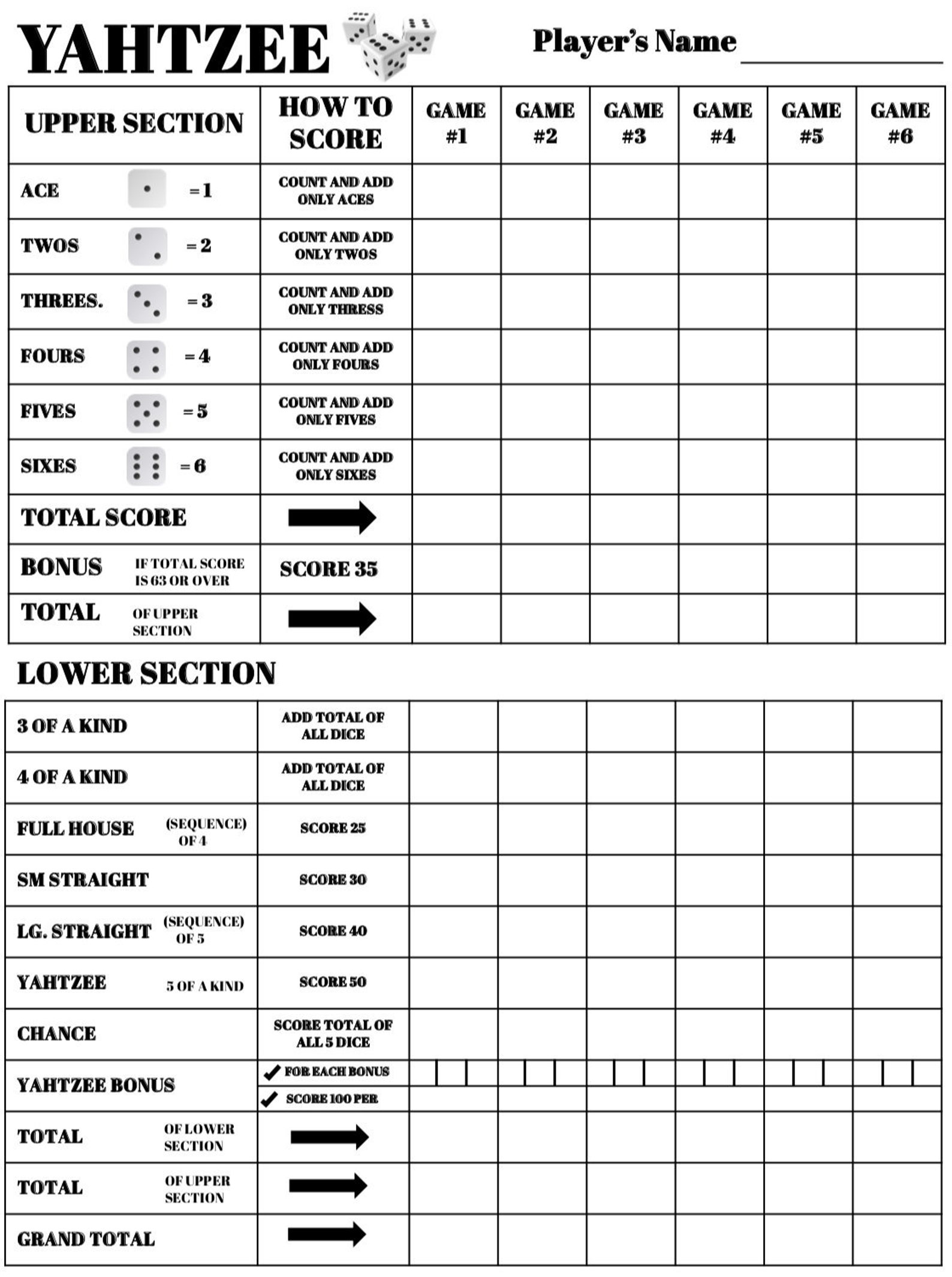 Yahtzee Score Card Yahtzee Scoresheet Yahtzee Score Pads