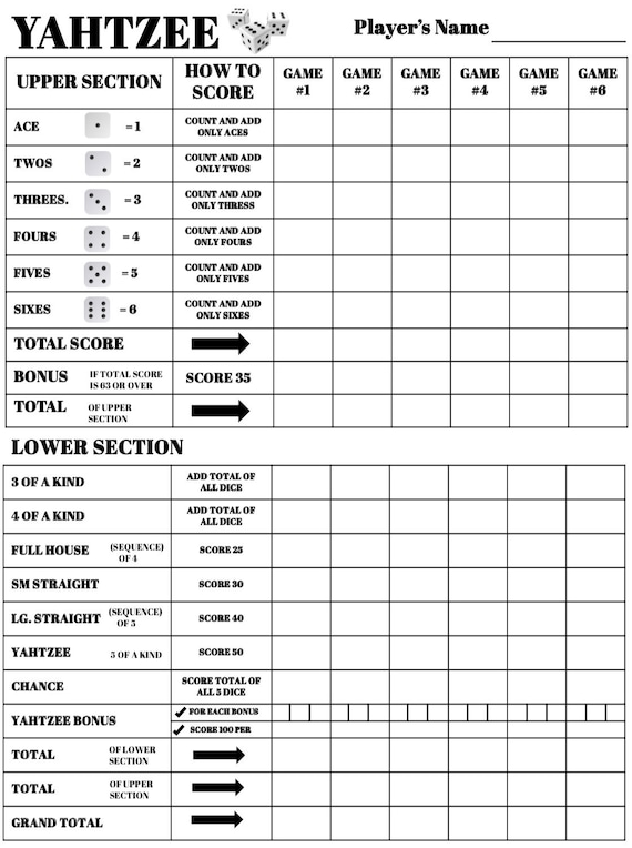 yahtzee score card yahtzee scoresheet yahtzee score pads etsy