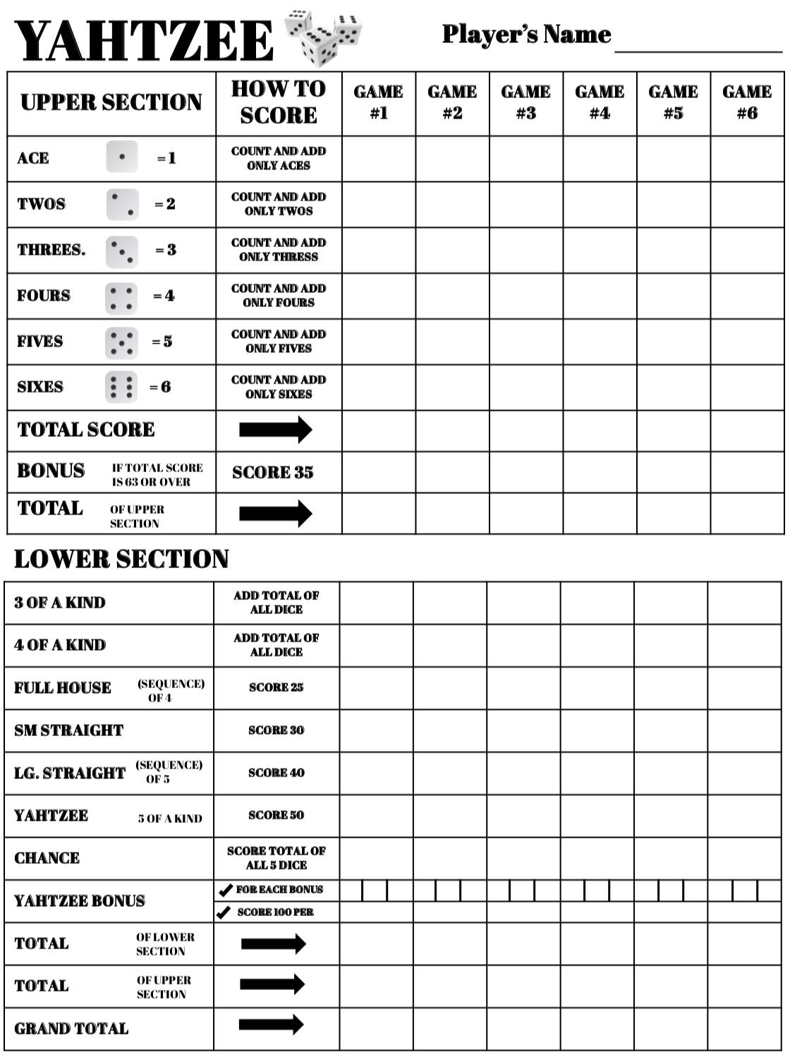 Yahtzee スコアカード - Yahtzee スコアシート - Yahtzee スコア