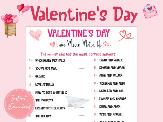 Valentine'S Day Love Movie Match UP Game Fun Valentine'S Day Games.