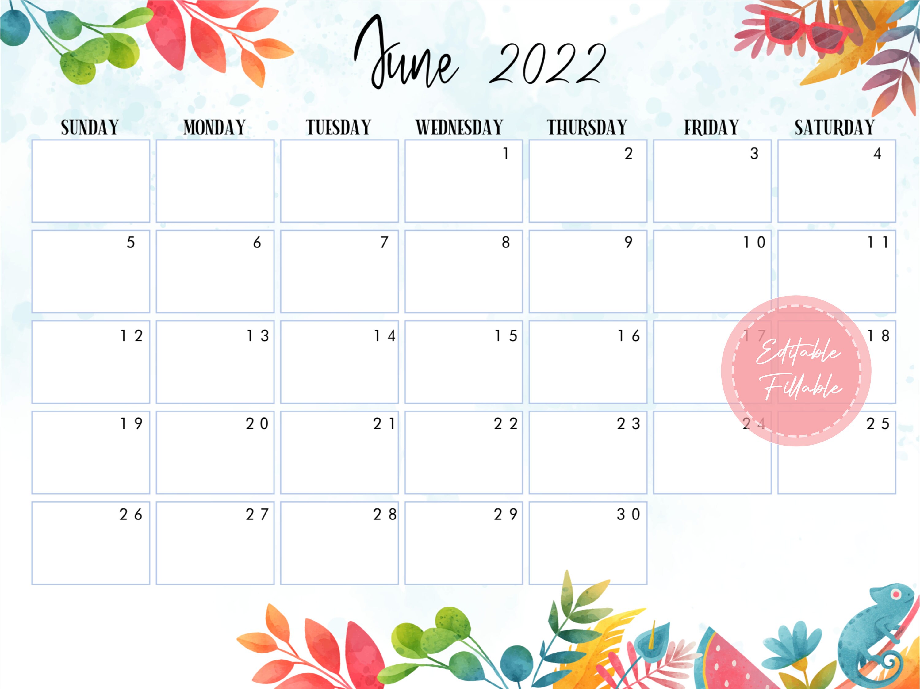 editable june 2022 calendar printable calendar fillable etsy uk