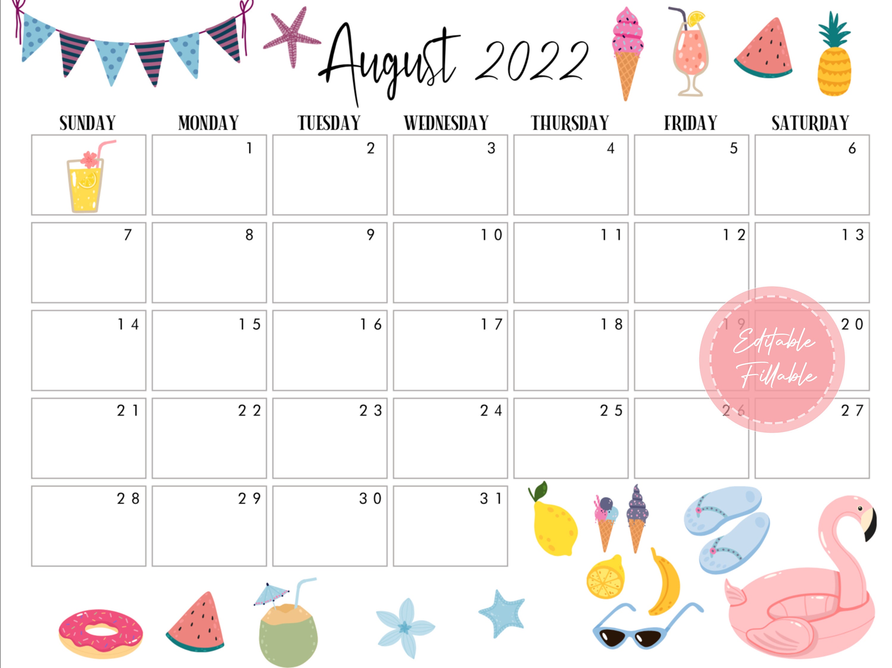 editable august 2022 calendar printable calendar fillable etsy