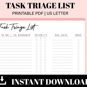 Printable Task Triage | To Do List | Task List | Triage List | Triage Task List |  Instant Download | US Letter