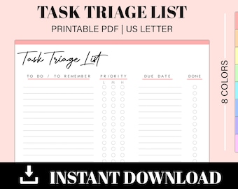 Printable Task Triage | To Do List | Task List | Triage List | Triage Task List |  Instant Download | US Letter