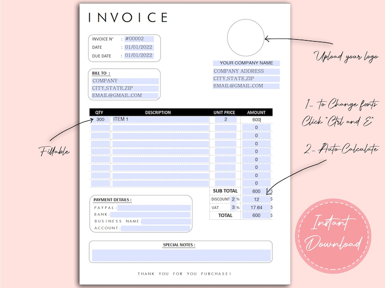 May include: A white and blue printable invoice template with fields for invoice number, date, due date, bill to, company, city, state, zip, email, quantity, item, description, unit price, amount, sub total, discount, VAT, total, payment details, paypal, bank, business name, account, and special notes. The template is fillable and has a place to upload a logo.