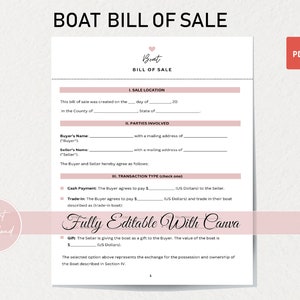 Editable Boat Bill of Sale Template | Printable Canva Design | Legal Document for Buying/Selling Boats