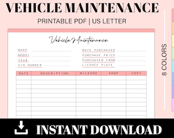 Vehicle Maintenance Log Printable | Vehicle Repair Log | Vehicle Service Tracker | Car Maintenance Tracker |  Instant Download | US Letter