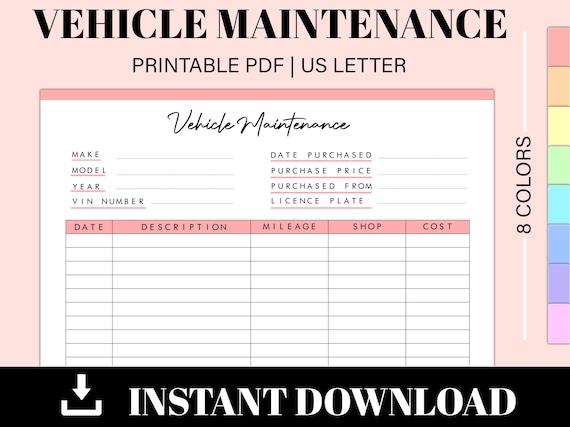 Vehicle Maintenance Log Printable Vehicle Repair Log | Etsy