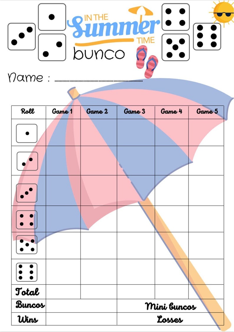 Summer Bunco Score Card - Bunco Scoresheet - Bunco Score Pads ...