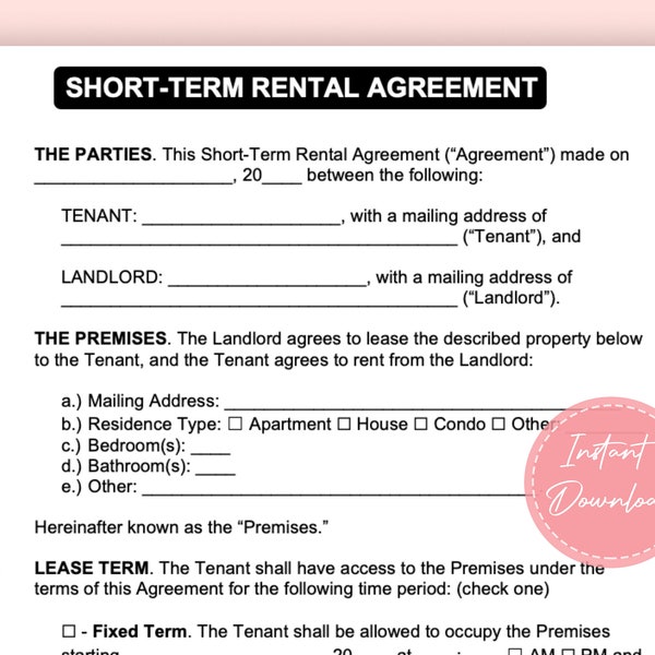 Vacation Rental Agreement | Short term Rental Agreement |  Short Term Rental Template |  Short Term rental | Editable Instant Download | A4