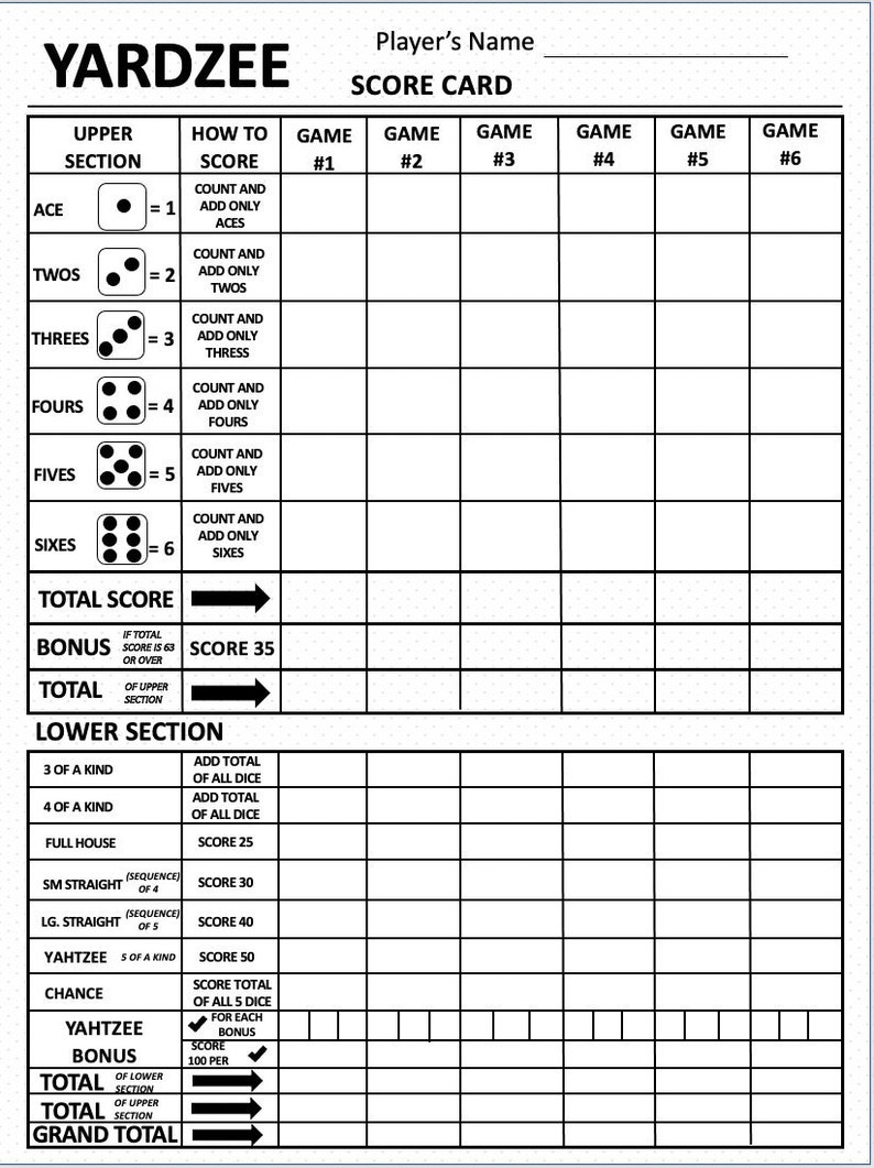 Yardzee Score Card Yardzee Scoresheet Yardzee Score Pads Printable File