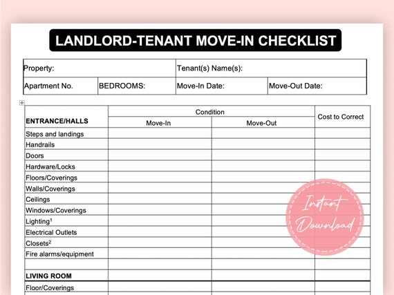 Landlord-tenant Checklist Move-in / Move-out Checklist | Etsy