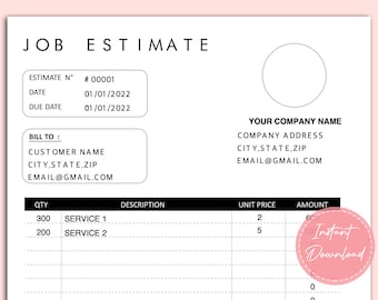 Estimation du travail modifiable | Modèle d'estimation de travail imprimable | Facture commerciale | Estimation personnalisée | Formulaire de facture | Téléchargement instantané PDF | A4
