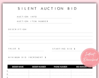 Silent Auction Bid Sheet Printable | Fundraiser Event | Bidding Form | Silent Auction Bundle | PDF Instant Download | US Letter