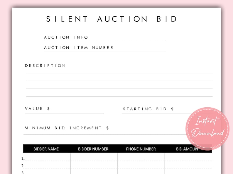Silent Auction Bid Sheet Printable Fundraiser Event Bidding Form Silent Auction Bid Sheet Printable Fundraiser Event Bidding Form