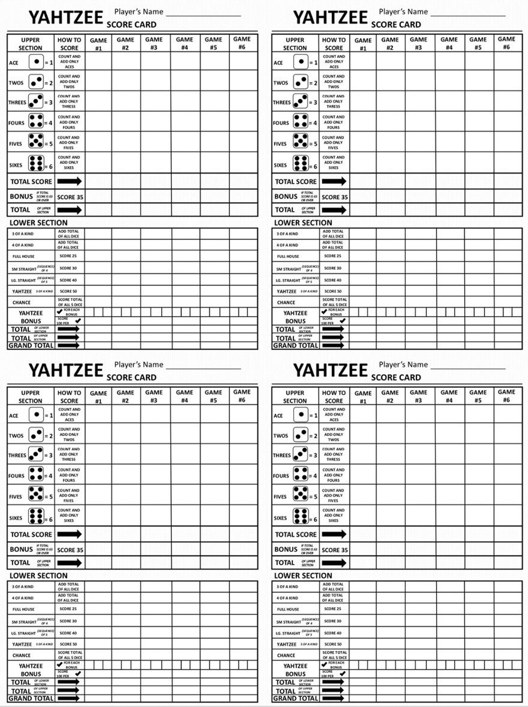 Four Yahtzee Score Card - Four Yahtzee Scoresheet - Four Yahtzee Score Pads - Printable File ...