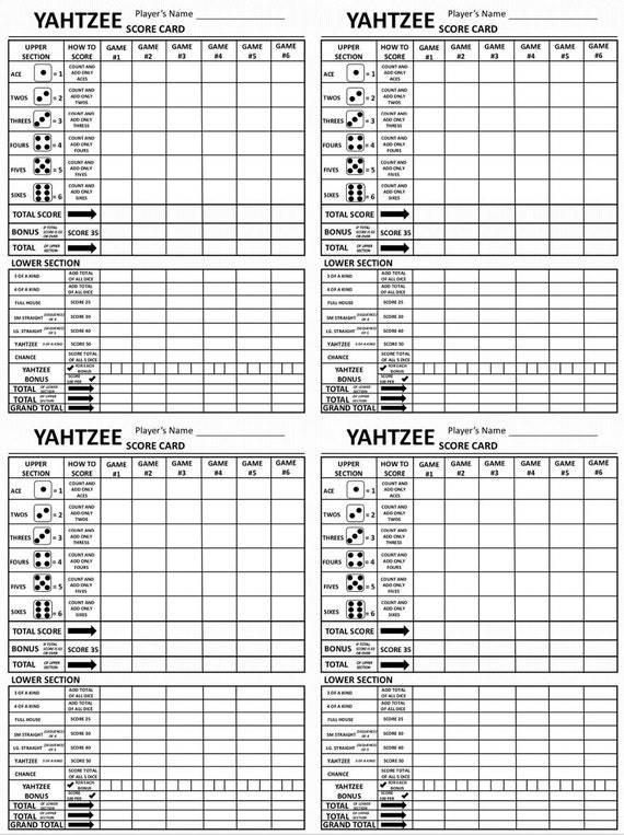 Yahtzee Score Card Printable Yahtzee Printable Score Card Yahtzee Score  Pads Yahtzee Score Sheets Yahtzee Download 