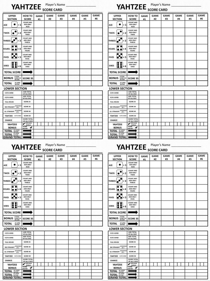 Four Yahtzee Score Card - Four Yahtzee Scoresheet - Four Yahtzee Score ...