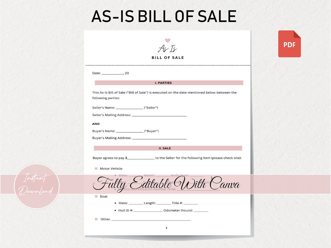 Editable As-is Bill of Sale Template: Legal Document for Vehicle, Boat ...