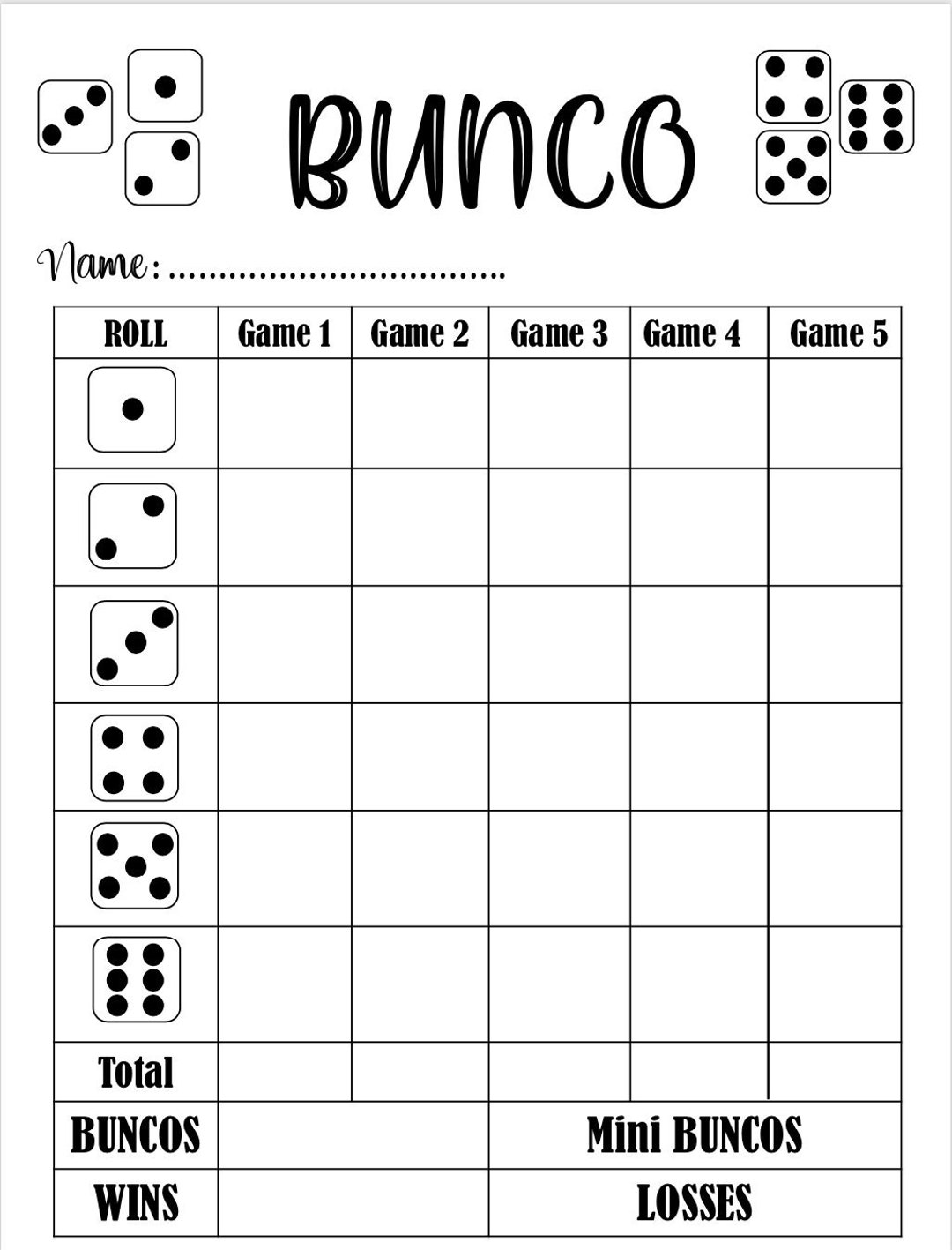 Bunco Score Card Bunco Scoresheet Bunco Score Pads Printable File PDF 