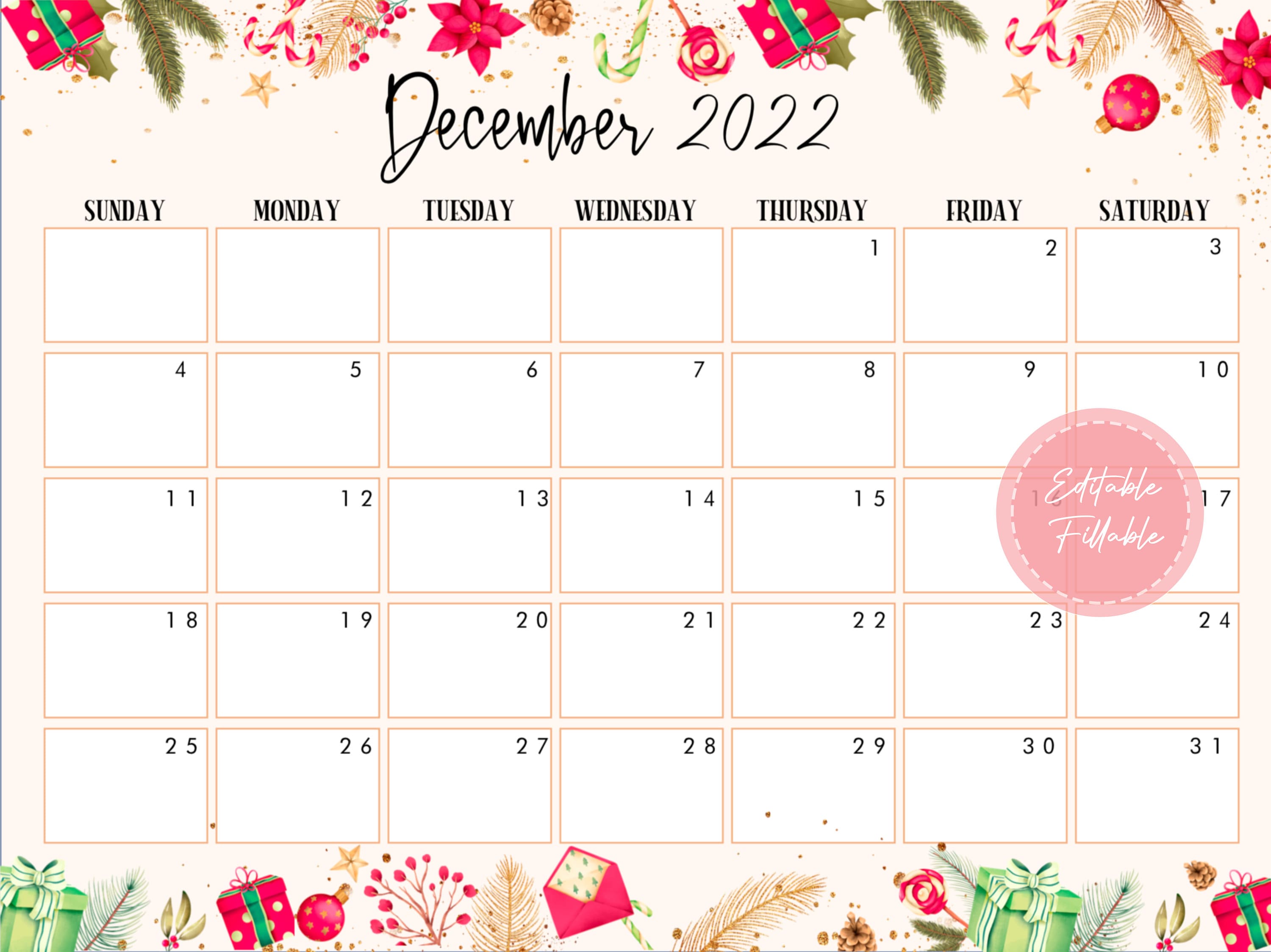 Editable December 2022 Calendar Printable Calendar Etsy