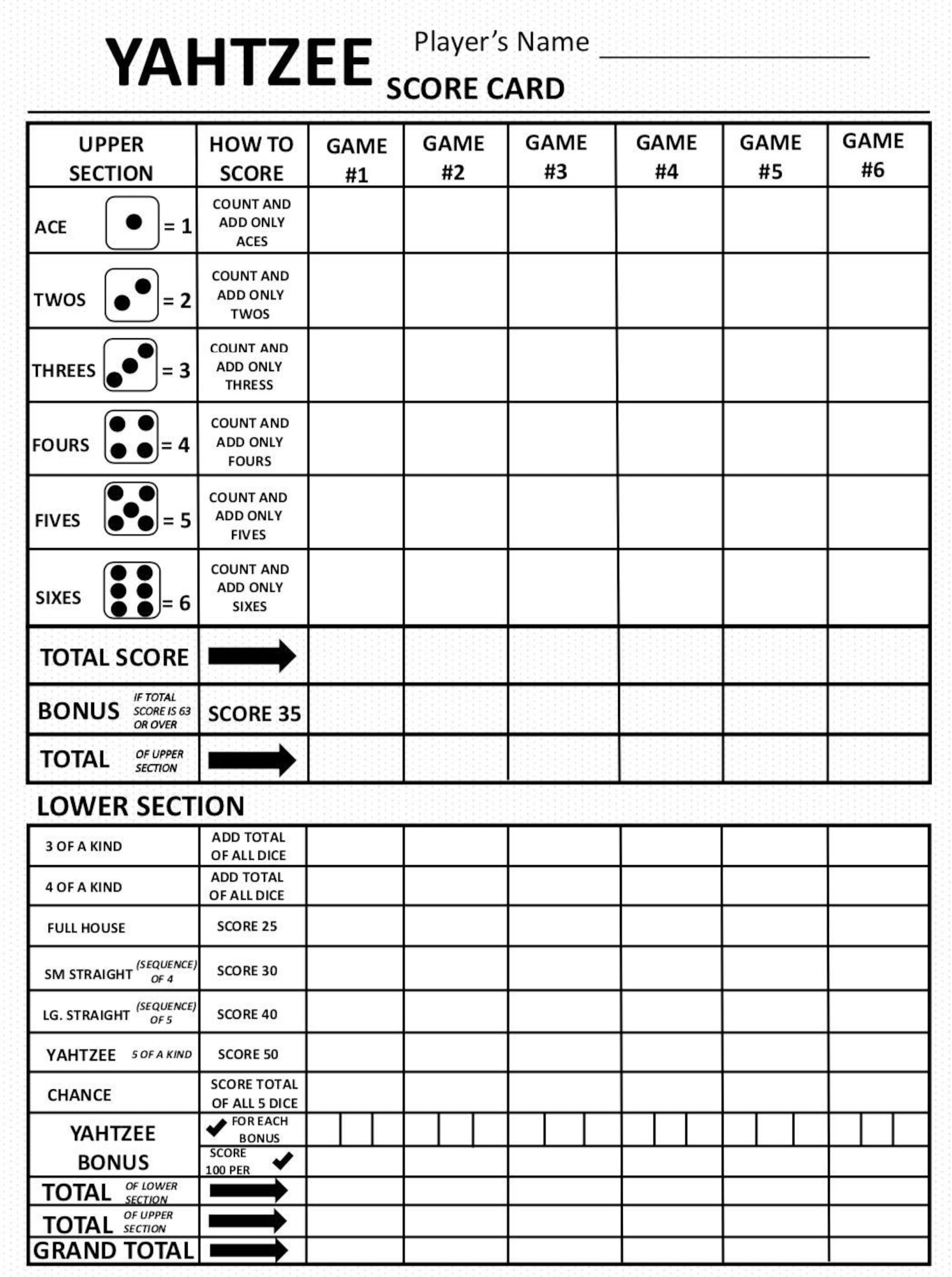 yahtzee score card yahtzee scoresheet yahtzee score pads etsy