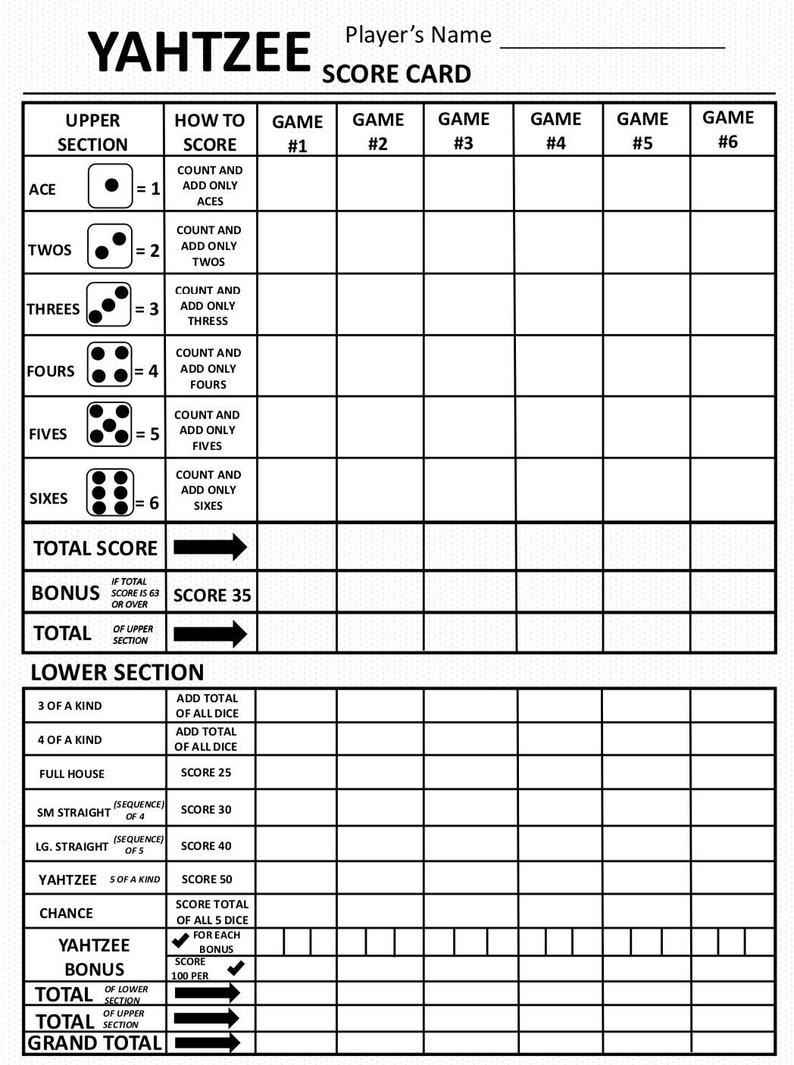 Yahtzee Score Card Yahtzee Scoresheet Yahtzee Score Pads Printable File Yahtzee Score Card Yahtzee Scoresheet Yahtzee Score Pads Printable File