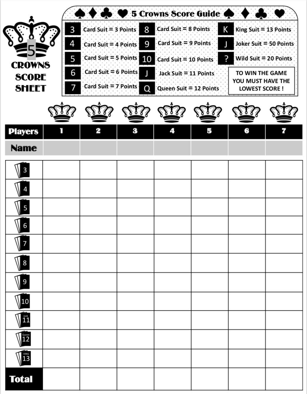 5 Crowns Score Card Five Crown Scoresheet Crown - Etsy Sweden