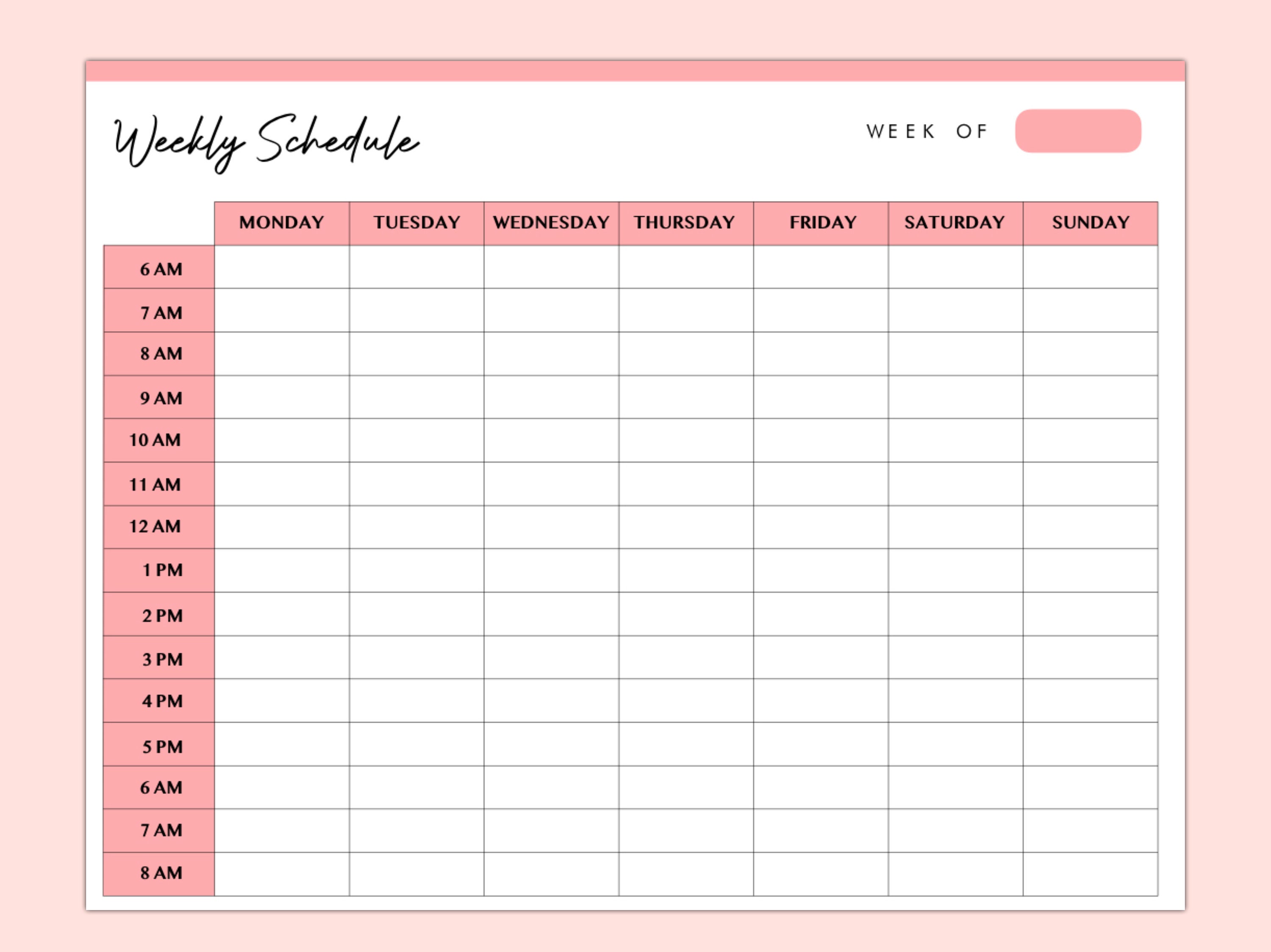 Hourly Weekly Schedule Landscape Weekly Planner Printable Weekly