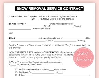Contrat de service de déneigement | Ententes de service de déneigement | Formulaire de déneigement simple | | Microsoft Word modifiables | de téléchargement instantané A4