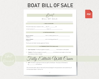 Boat Bill of Sale Template | Printable Canva Design | Legal Document for Buying/Selling Boats | Editable PDF | Instant Download