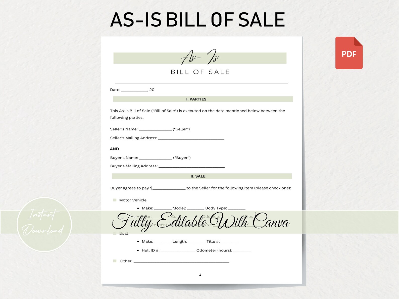 Customizable As-is Bill of Sale Template: Printable Legal Contract for ...
