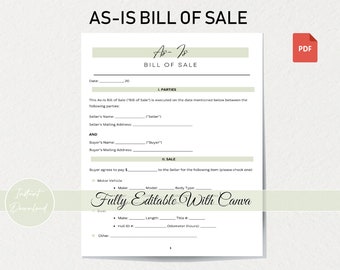 Customizable As-Is Bill of Sale Template: Printable Legal Contract for Vehicle, Boat, or Other | Instant Download | DIY Sale Agreement