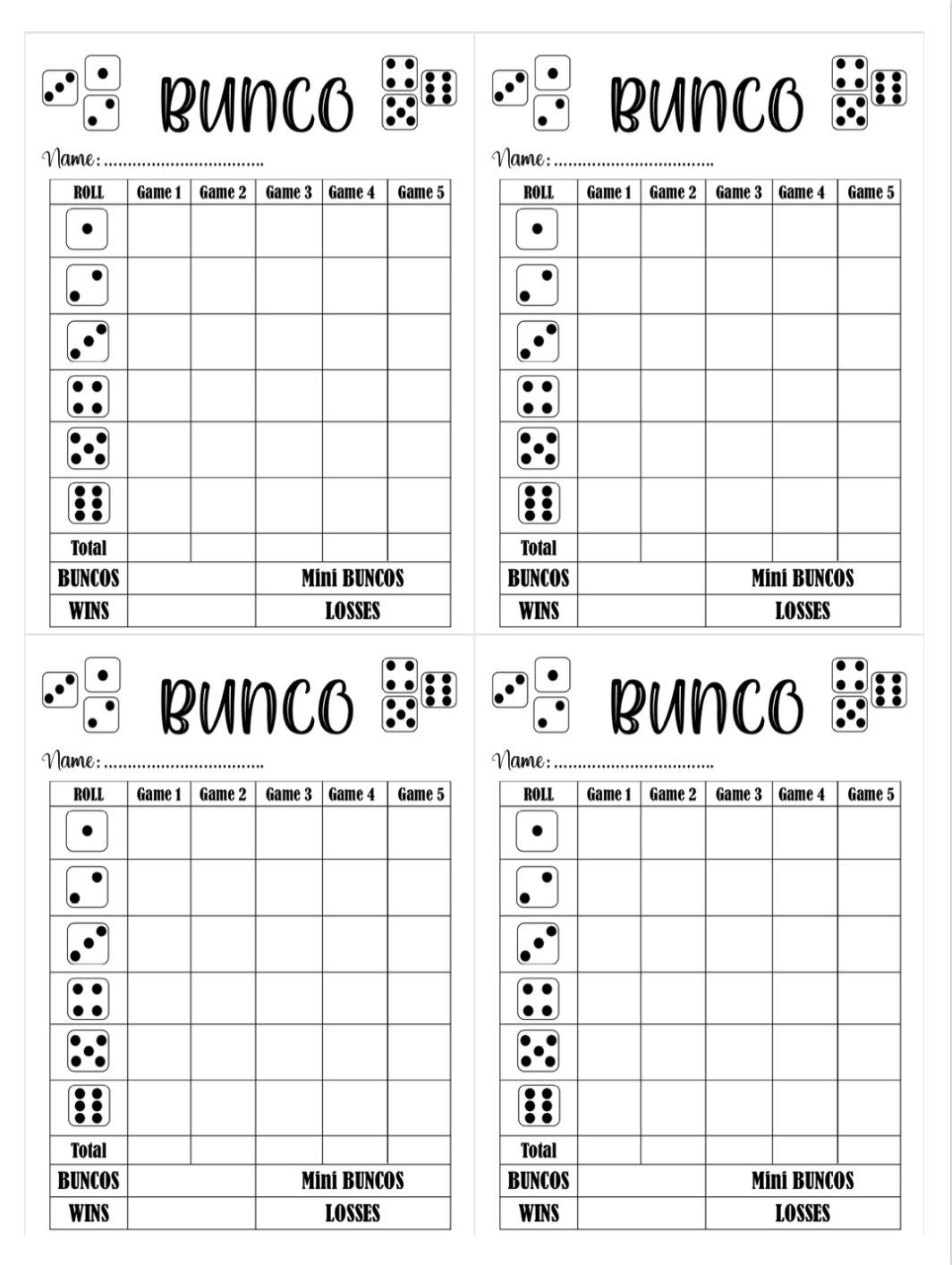 Bunco Cards Free Printable