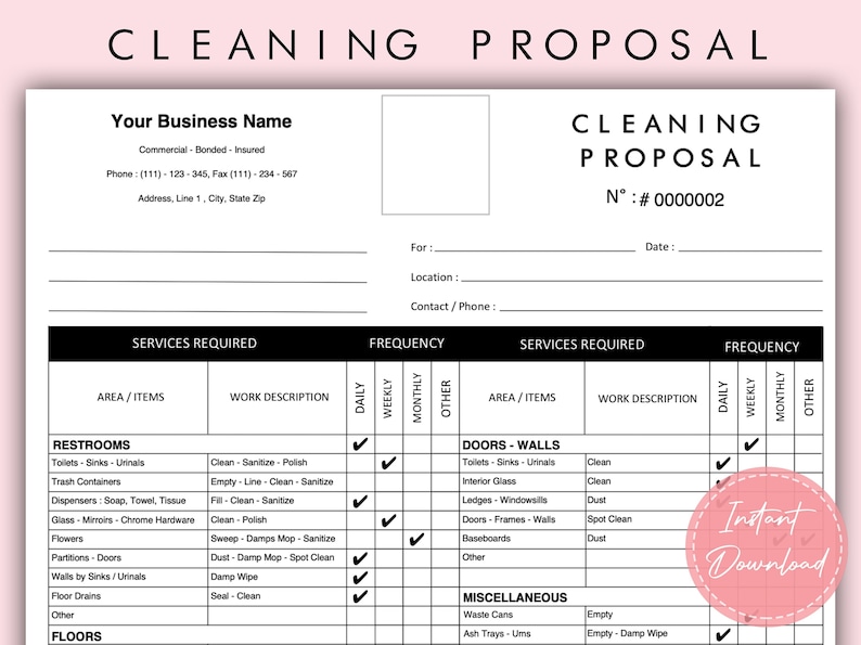May include: A black and white printable cleaning proposal form with checkboxes for daily, weekly, and monthly cleaning services. The form includes sections for restrooms, doors and walls, and miscellaneous areas. The form is titled "Cleaning Proposal" and has a proposal number of "#0000002".