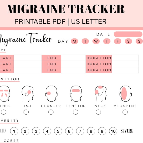 Suivi des migraines | Suivi des maux de tête | Journal imprimable des maux de tête | Journal de la migraine | Journal de la douleur | Moniteur de déclenchement de maux de tête | PDF Téléchargement instantané