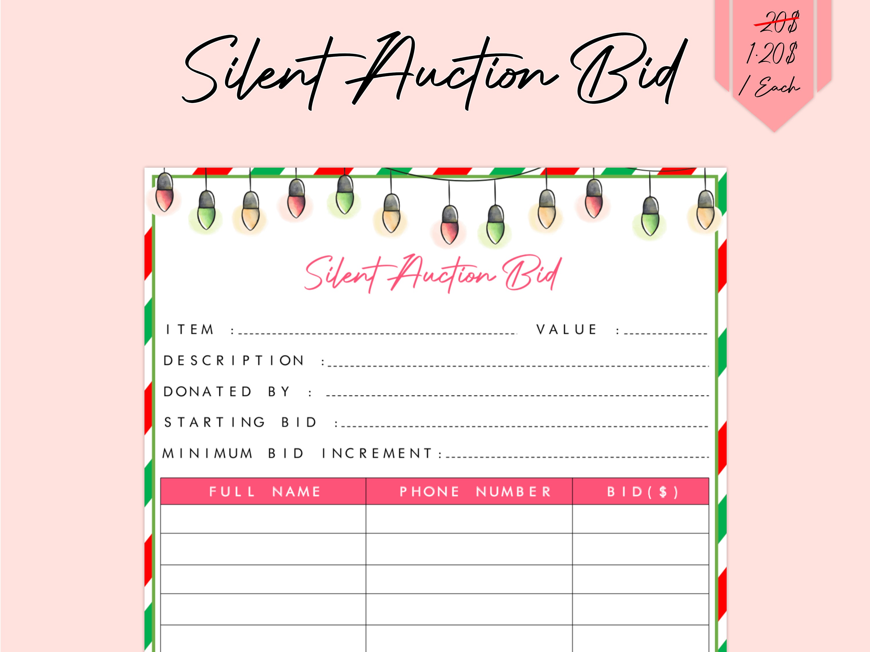 Editable Christmas Silent Auction Bid Sheet Fundraiser Event Christmas